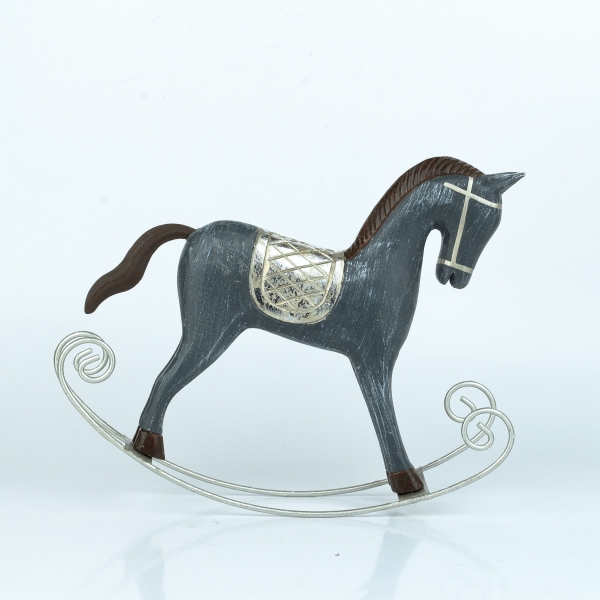 Hojdací kôň šedý so striebornými detailmi 30x25 cm