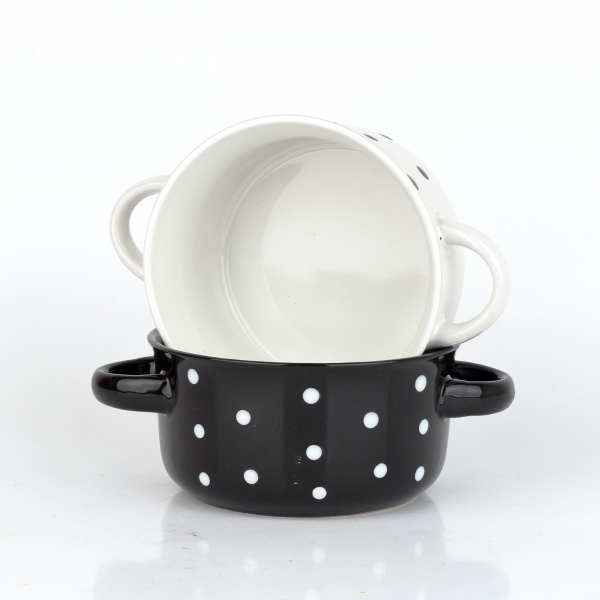Keramická miska čierna s bielymi bodkami 560 ml s uškami