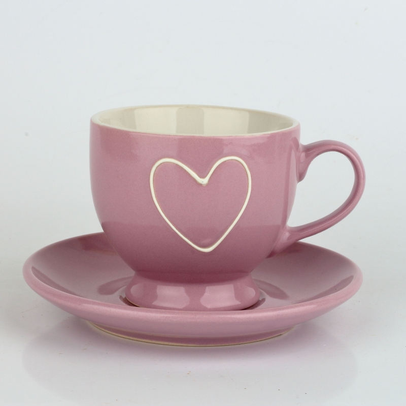 Keramický šálek s tanierikom so srdcom fialový 210ml