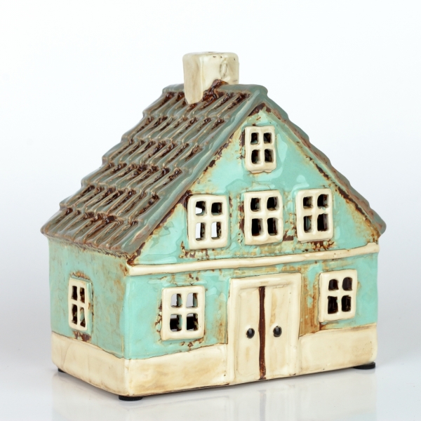 Keramický vianočný domček 8 okien azúrovo modrý
