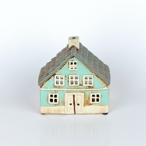 Keramický vianočný domček 8 okien azúrovo modrý