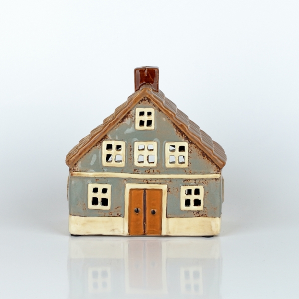 Keramický vianočný domček šedý, hnedá strecha