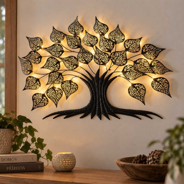 Kovová dekorácia na stenu strom s LED svetlom 77x56cm