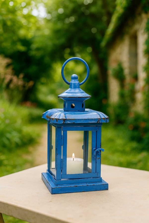 Kovová lucerna so závesom modrá