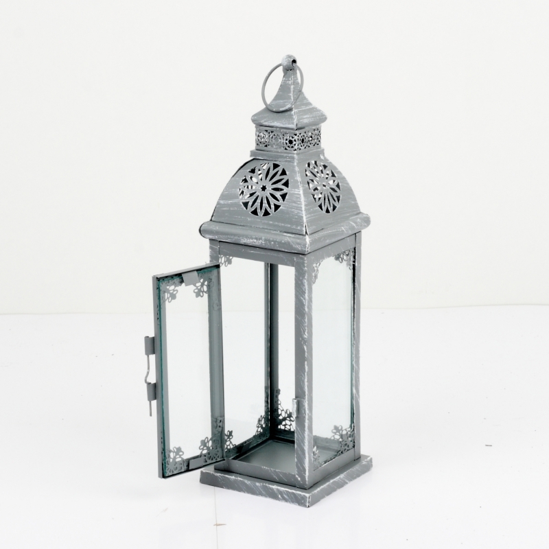 Kovová lampáš sivá s patinou zdobená 70cm