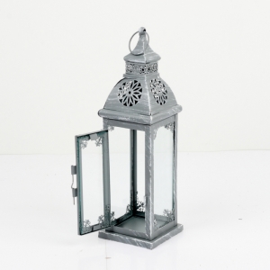 Kovová lampáš sivá s patinou zdobená 70cm