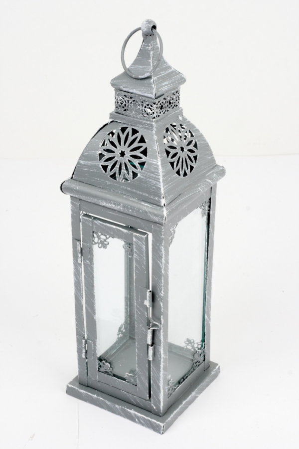 Kovová lampáš sivá s patinou zdobená 70cm