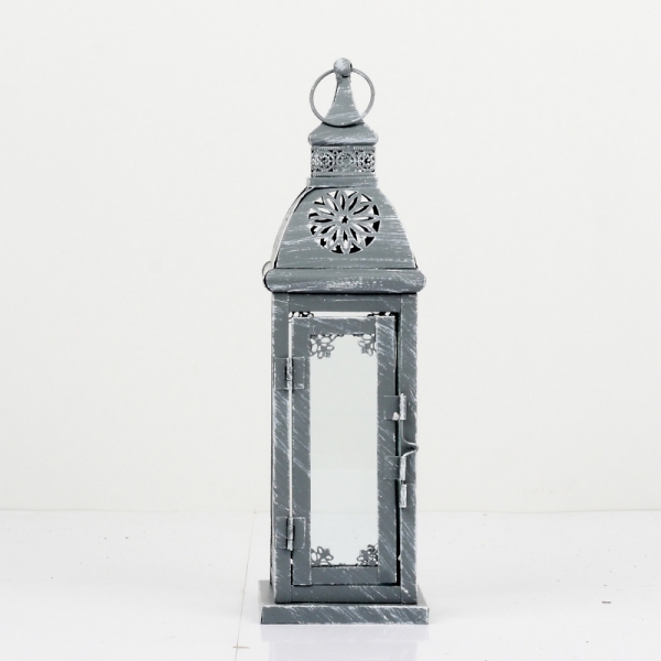 Kovová lampáš sivá s patinou zdobená 70cm