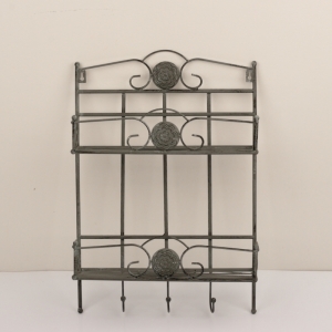 Kovová nástenná polica s háčikmi a patinou 38x14x56cm