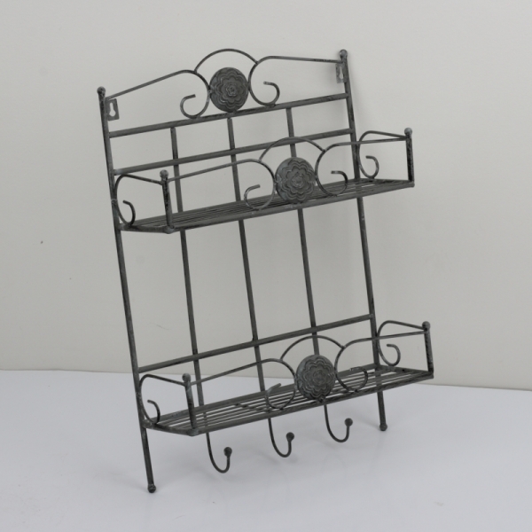 Kovová nástenná polica s háčikmi a patinou 38x14x56cm