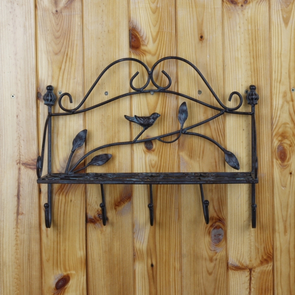 Kovová polica s vtáčikom 5 háčikov 38cm