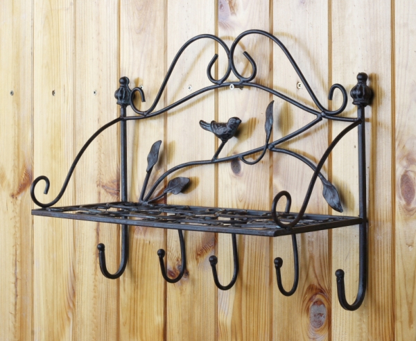 Kovová polica s vtáčikom 5 háčikov 38cm