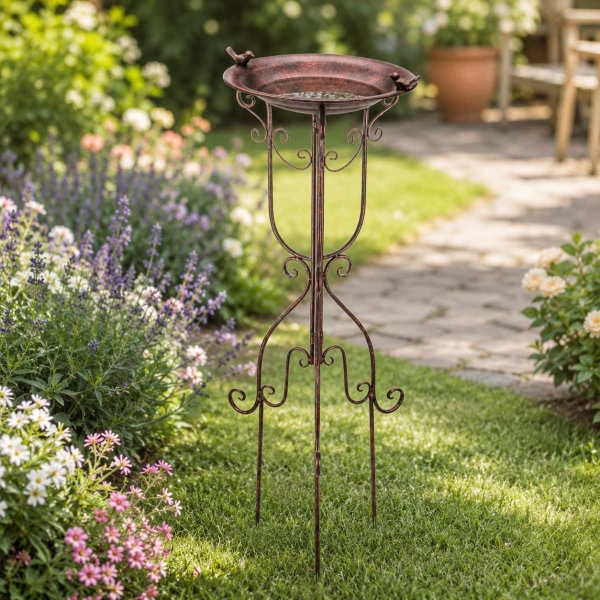 Kovové vrecko pre vtáky na trojnožke s vtáčikmi, medené, 75 cm