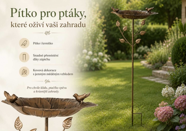 Kovové vrecko pre vtáky so zápichom list s vtáčikmi medené 108 cm
