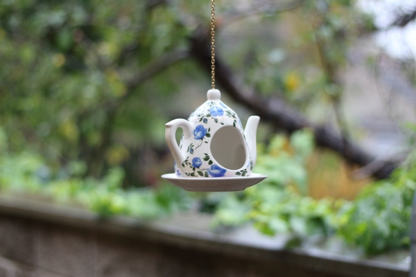 Kŕmidlo pre vtáky konvička modrá