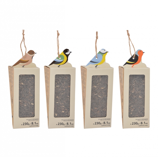 Krmítko pre vtáky lepenkové so slnečnicovými semienkami 8,2 x 8,1 x 23,7 červienka obyčajná