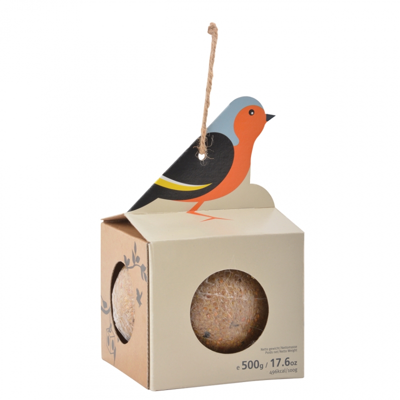 Krmítko pre vtáky lepenkové závesné s veľkou lojovou guľou 10 x 10 x 16 cm červienka obyčajná