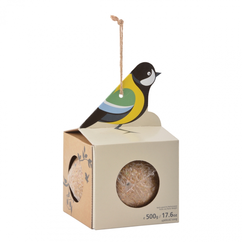 Krmítko pre vtáky lepenkové závesné s veľkou lojovou guľou 10 x 10 x 16 cm sýkora koňadra 