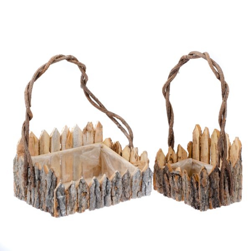 Kvetináč s dreveným plotom (sada 2ks) 32×22×9cm/22×16×9cm