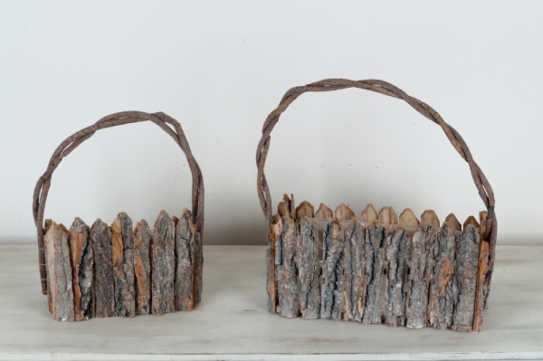 Kvetináč s dreveným plotom (sada 2ks) 32×22×9cm/22×16×9cm