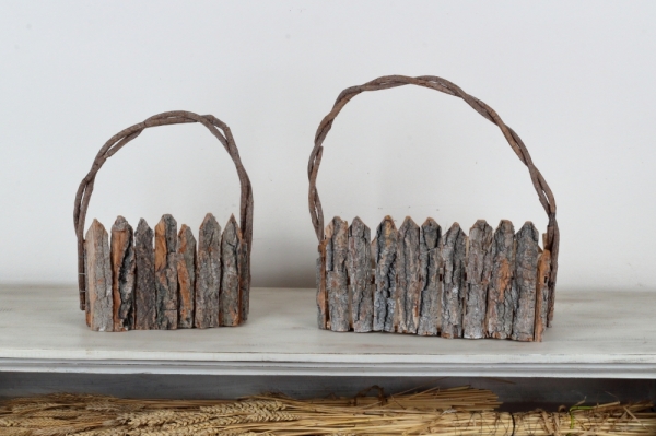 Kvetináč s dreveným plotom (sada 2ks) 32×22×9cm/22×16×9cm