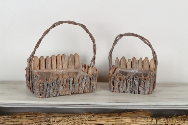 Kvetináč s dreveným plotom (sada 2ks) 32×22×9cm/22×16×9cm