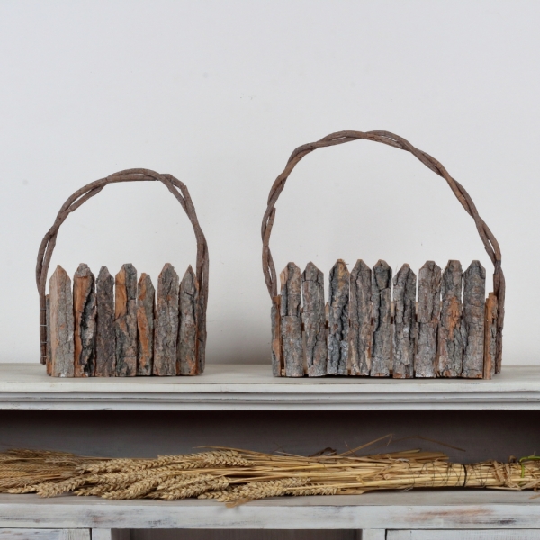 Kvetináč s dreveným plotom (sada 2ks) 32×22×9cm/22×16×9cm