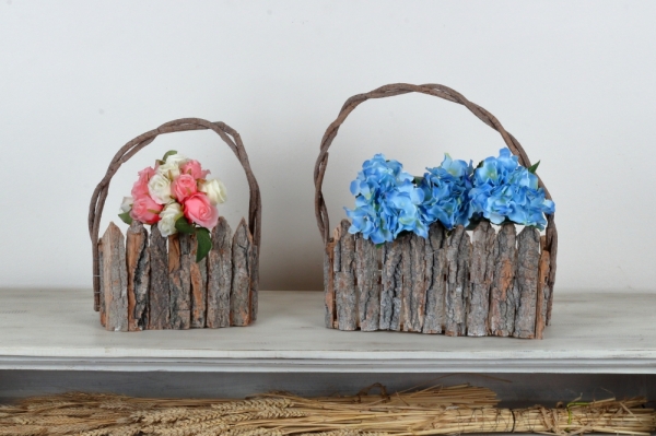 Kvetináč s dreveným plotom (sada 2ks) 32×22×9cm/22×16×9cm