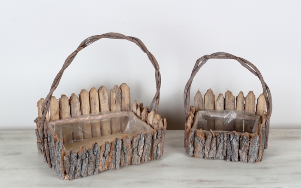 Kvetináč s dreveným plotom (sada 2ks) 32×22×9cm/22×16×9cm