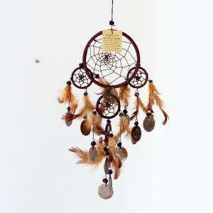 Lapač snů hnědý s penízky z mušloviny 12cm