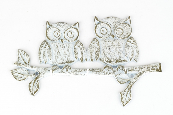 Liatinový nástenný vešiak sovy biely 27x17,5cm