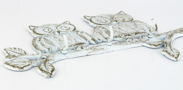 Liatinový nástenný vešiak sovy biely 27x17,5cm