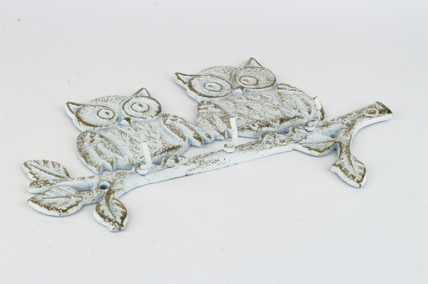 Liatinový nástenný vešiak sovy biely 27x17,5cm