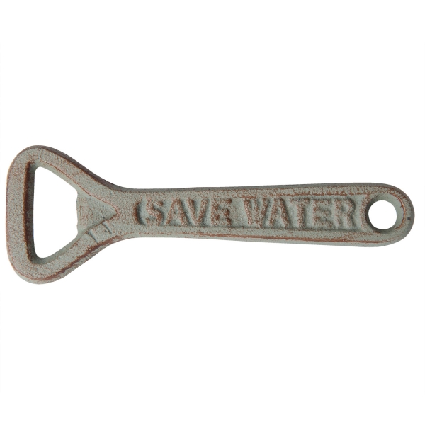Liatinový retro otvárač na pivo s patinou DRINK BEER SAVE WATER 14cm