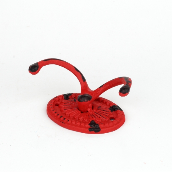 Liatinový retro vešiak na uteráky dvoháčik oválný červený