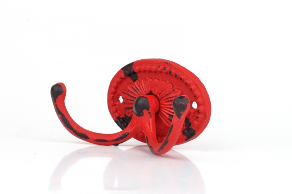 Liatinový retro vešiak na uteráky dvoháčik oválný červený