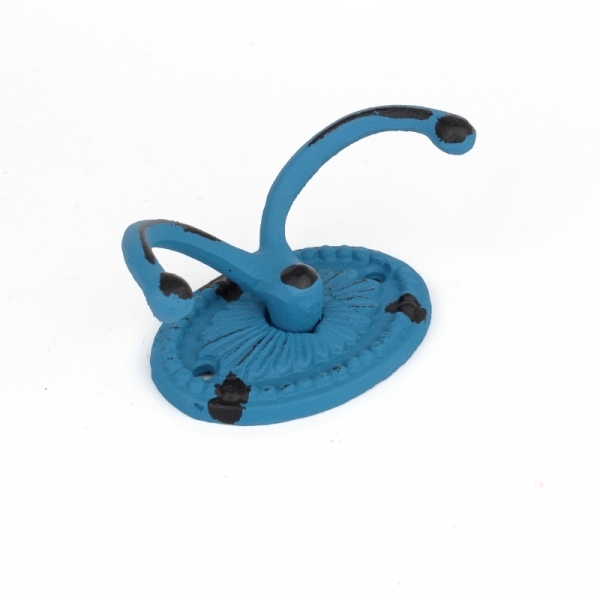 Liatinový retro vešiak na uteraky dvojháčik oválný modrý