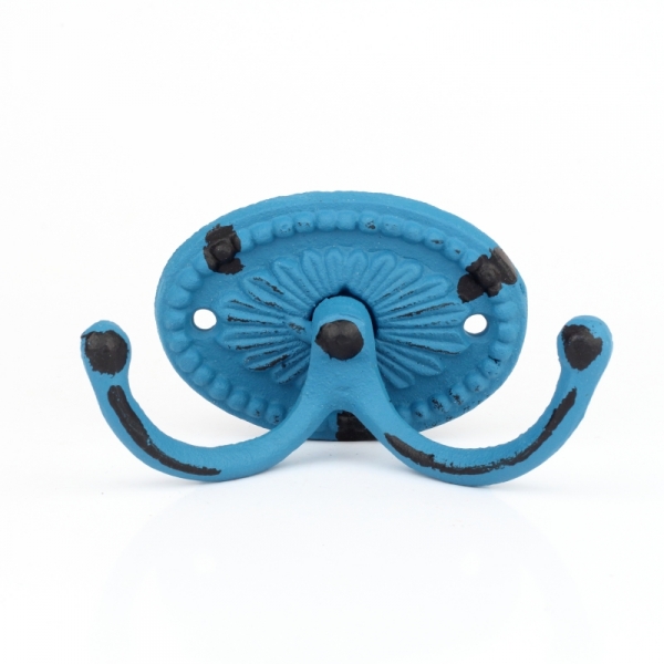 Liatinový retro vešiak na uteraky dvojháčik oválný modrý