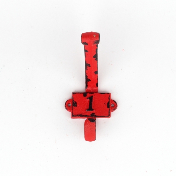 Liatinový retro vešiak na stenu s číslom 1 červený