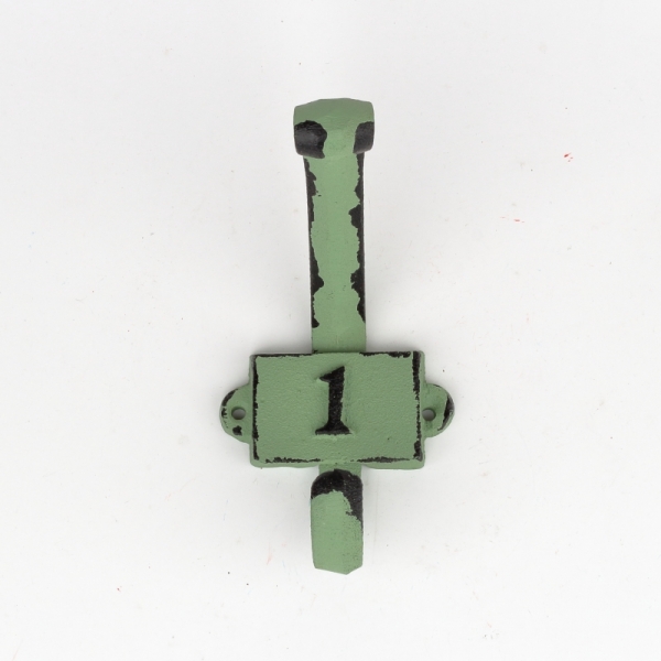 Liatinový retro vešiak na stenu s číslom 1 zelený