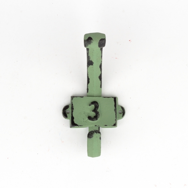 Liatinový retro vešiak na stenu s číslom 3 zelený
