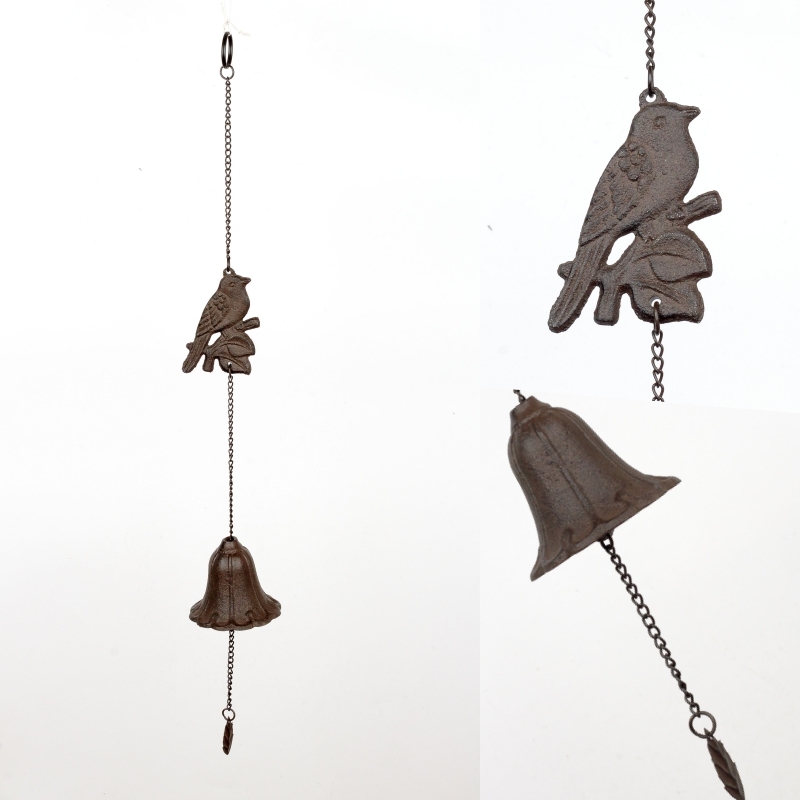 Liatinový závesný zvonček vtáčik / zvonkohra 60cm