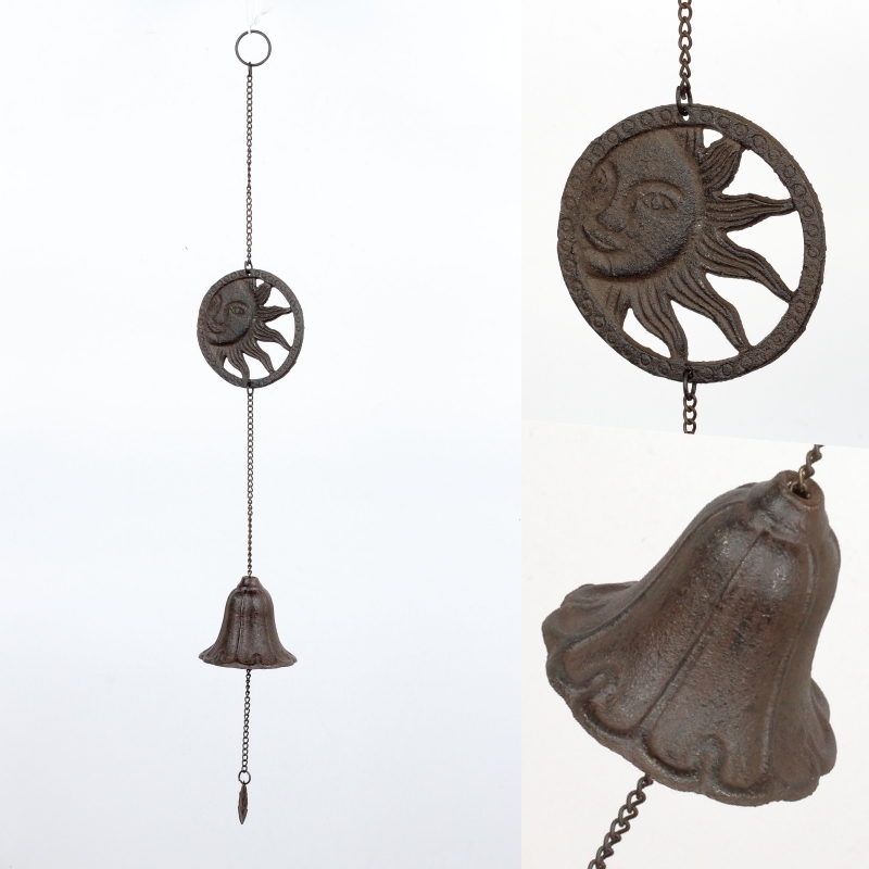 Liatinový závesný zvonček slnka v kruhu / zvonkohra 60cm