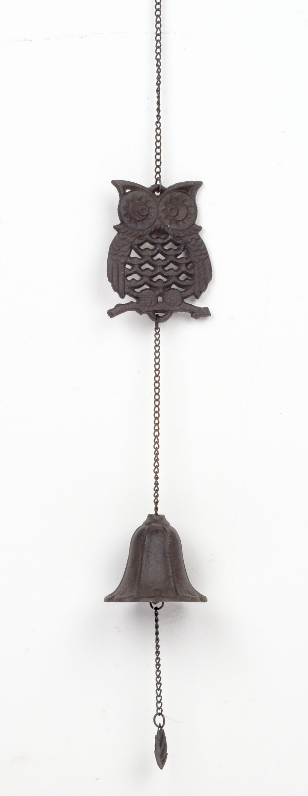 Liatinový závesný zvonček sova / zvonkohra 60cm