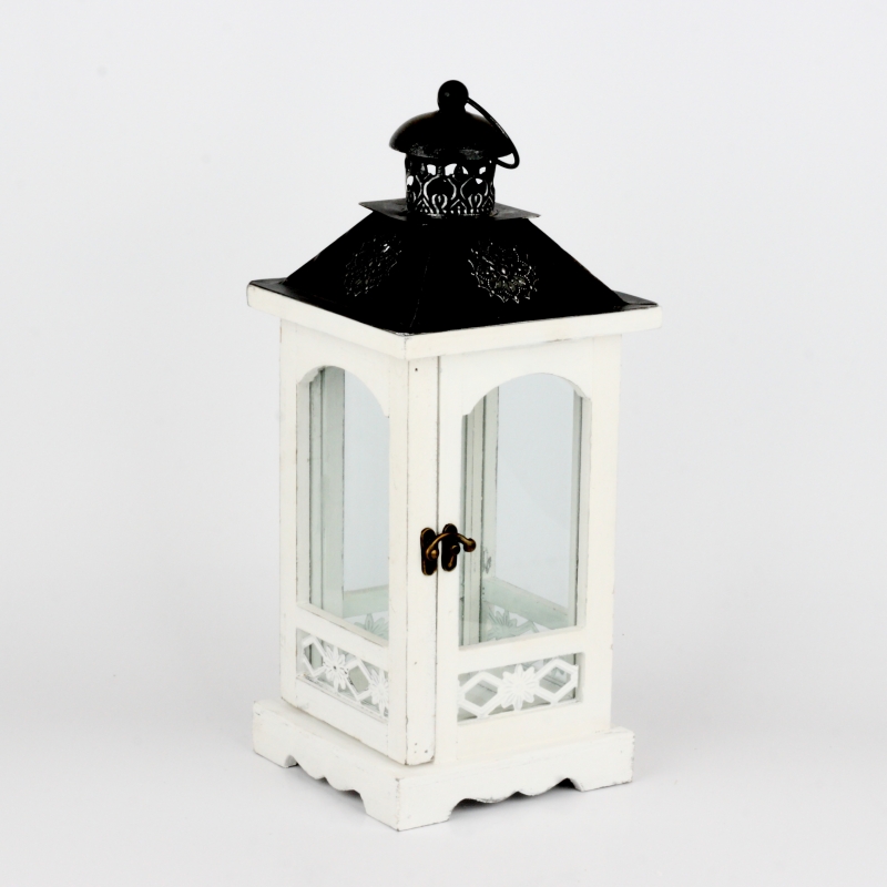 Lucerna drevená biela s čiernou strieškou 56cm