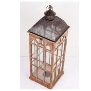 Lucerna drevená hnedá s kovovou strieškou 93cm