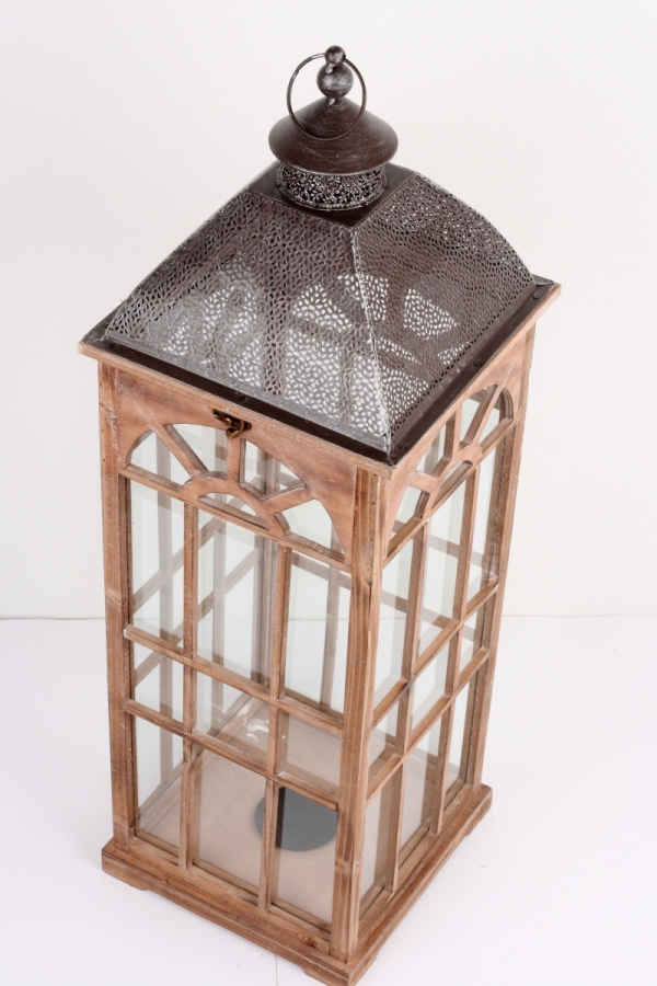 Lucerna drevená hnedá s kovovou strieškou 93cm