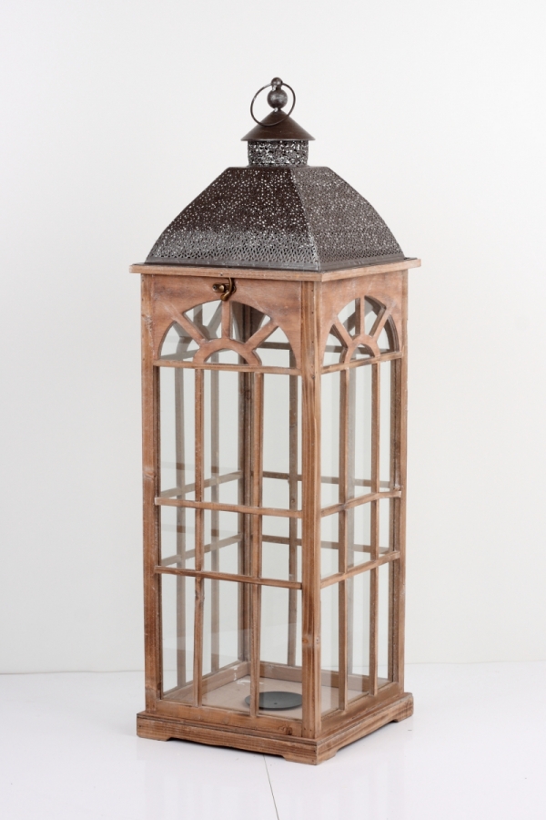 Lucerna drevená hnedá s kovovou strieškou 93cm