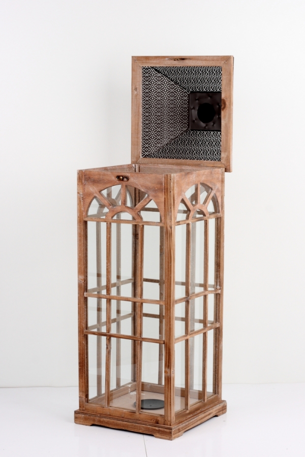 Lucerna drevená hnedá s kovovou strieškou 93cm