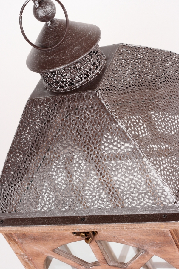 Lucerna drevená hnedá s kovovou strieškou 93cm